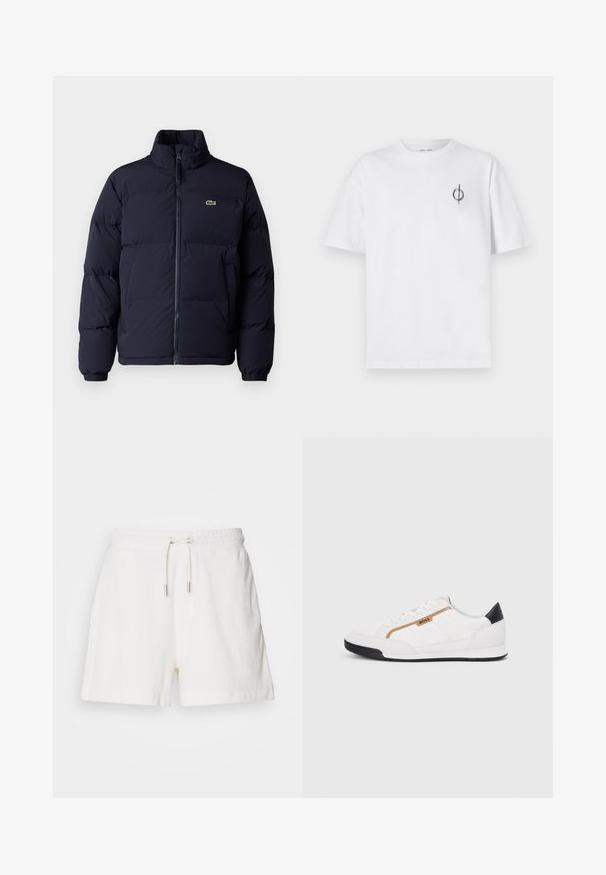 Doudoune bleu marine avec col haut, fermeture éclair et poignets élastiques. Présente un petit logo vert sur le haut du côté gauche de la poitrine.; T-shirt en coton blanc avec une coupe décontractée, présentant un petit logo graphique noir sur le côté gauche de la poitrine. Manches courtes, col rond.; Shorts en coton blanc, doux et pelucheux, avec une taille élastique, un cordon de serrage ajustable et des poches latérales. Texture lisse, coupe décontractée et longueur mi-cuisse.; Baskets blanches avec des accents en maille et en cuir. Caractéristiques d'un logo "BOSS" doré, de panneaux latéraux texturés et d'un capuchon de talon noir. Semelle en caoutchouc.