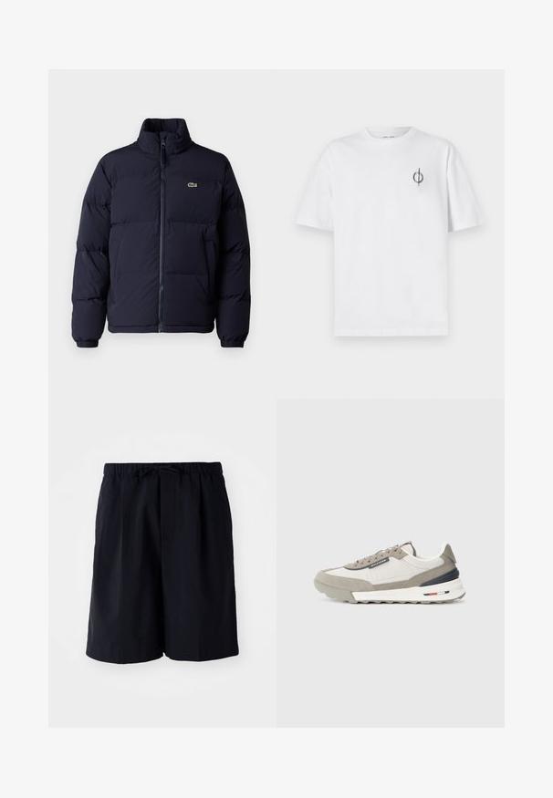 Tumedat sinine puffjaket kõrge krae, lukuga kinnine ja elastsete mansettidega. Üksikasjades on väike roheline logo vasakul rinnal.; Valge puuvillane t-särk lõdva sobivusega, millel on vasakul rinnal väike must graafiline logo. Lühikesed varrukad, ümmargune kaelus.; Tumesinised lühikesed püksid, mis on valmistatud kergete kangast, elastse vöökoha ja nööriga, kahte küljetaskut ning sirge lõikega.; Halluksidena ja valgete tossude kombinatsioon, millel on segatud seemisnahk ja tekstiil. Kontrasteerivad tumesinine ja punane aktsent, tekstureeritud kummist tallaga ja paelad.