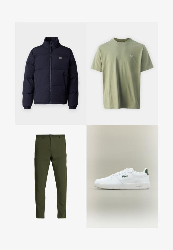 Abrigo puffer azul marino con cuello alto, cierre de cremallera y puños elásticos. Presenta un pequeño logo verde en la parte superior izquierda del pecho.; Camiseta de algodón verde oliva con cuello redondo y mangas cortas. Presenta un pequeño logotipo bordado en el pecho. Textura suave.; Pantalones verde oliva con corte ajustado, hechos de una tela suave y duradera. Presentan una bragueta con cremallera, cierre de botón y bolsillos estándar.; Zapatilla de cuero blanca con un acabado suave, acentos verdes en el talón y un logotipo verde en el lateral. Presenta una suela plana y una puntera redonda.