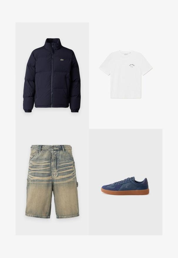 Námořnická modrá péřová bunda s vysokým límcem, zipovým zapínáním a elastickými manžetami. Na levém horním prsu je umístěno malé zelené logo.; Bílé bavlněné tričko s krátkým rukávem, kulatým výstřihem a černým logem na přední straně s nápisem "LES DEUX ESTO 2011."; Džínové cargo šortky s vybledlým modrým a béžovým gradientem. Mají dvě boční kapsy, uzávěr na knoflík a prošívané detaily.; Námořnické modré tenisky s povrchovou úpravou z kůže a semiše, na gumové podrážce, kulatou špičkou a šněrováním, s logem na boku.
