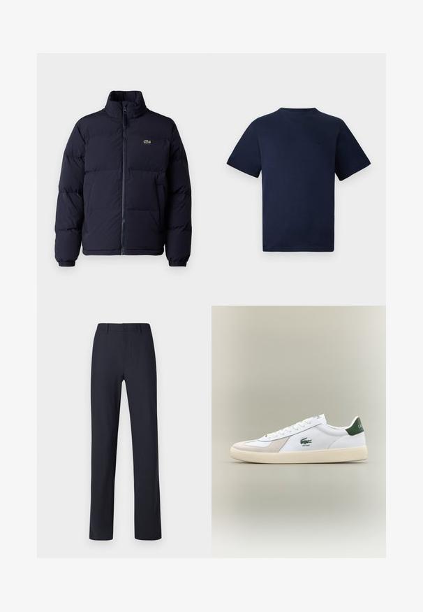 Meren värinen pumpattu takki korkealla kauluksella, vetoketjulla ja elastisilla hihansuilla. Takissa on pieni vihreä logo vasemmassa rintataskussa.; T-paita tummansinisestä puuvillasta, lyhyet hihat, pyöreä kaula-aukko ja hienovaraisesti brodeerattu logo rinnassa. Sujuva kangas, rento malli.; Navy siniset housut, jotka on valmistettu sileästä kankaasta, edessä napillinen suljenta, perinteinen vyötärö ja suora lahjetyyli.; Valkoiset tennarit vihreillä yksityiskohdilla, mokka- ja nahkamateriaaleja, pyöreä kärki, teksturoitu ulkopohja sekä brodeerattu logo sivulla ja kielekkeessä.