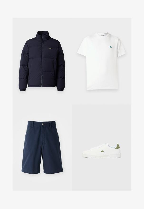 Sötétkék steppelt kabát magas gallérral, cipzáros záródással és elasztikus mandzsettákkal. A bal felső mellrészen egy kis zöld logó található.; Fehér pamut póló, kerek nyakkivágással, rövid ujjakkal és egy kis zöld hímzett krokodil logóval a bal mellen.; Tengerészkék pamut nadrág rövidnadrág lapos elülső résszel, két oldalsó zsebbel és egyetlen gombos rögzítéssel a deréknál. Klasszikus egyenes lábú fazon.; Fehér sportcipő sima textúrával, zöld akcentussal a sarkán, és egy kis hímzett krokodil logóval az oldalán.