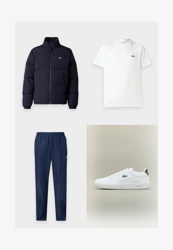 Navy blue puffer jacket with a high collar, zip closure, and elastic cuffs. Features a small green logo on the upper left chest.; White cotton t-shirt featuring a crew neck, short sleeves, and a small green embroidered crocodile logo on the left chest.; Navy blue sports pants with an elastic waistband, tapered legs, and light blue accents along the sides; made from a lightweight, smooth material.; White leather sneaker with a smooth finish, green accents on the heel, and a green logo on the side. Features a flat sole and round toe.