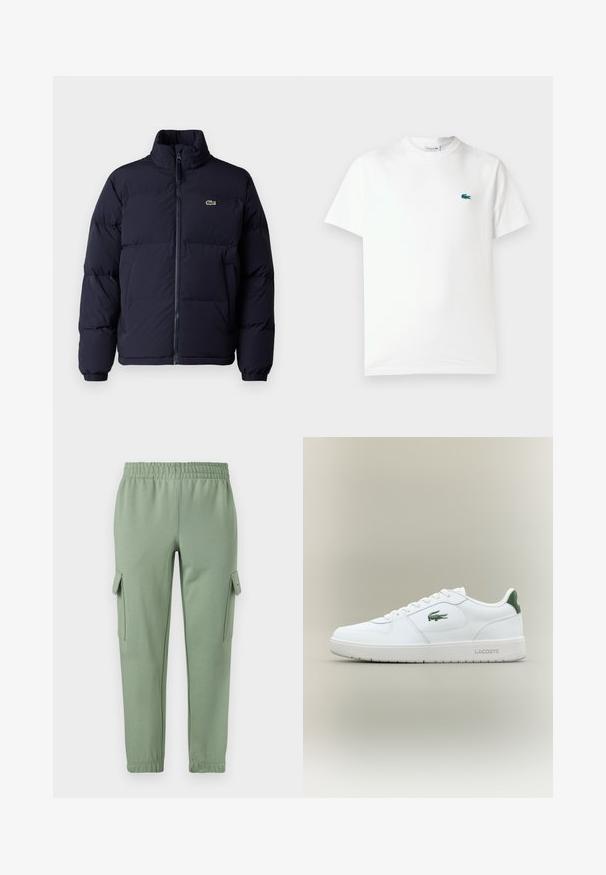 Námornícka modrá puffová bunda s vysokým golierom, zipsom a elastickými manžetami. Obsahuje malé zelené logo na hornej ľavej časti hrudi.; Biely bavlnený tričko s okrúhlym výstrihom, krátkymi rukávmi a malým zeleným vyšitým logom krokodíla na ľavej hrudi.; Svetlozelené teplákové nohavice s elastickým pásom, sú zúžené a majú dve bočné vrecká typu cargo. Vyrobené z mäkkej, priedušnej tkaniny.; Biele kožené tenisky s hladkým povrchom, zelenými akcentami na päte a zeleným logom na boku. Majú plochú podrážku a okrúly špičku.