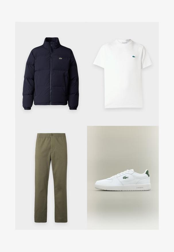 Sötétkék steppelt kabát magas gallérral, cipzáros záródással és elasztikus mandzsettákkal. A bal felső mellrészen egy kis zöld logó található.; Fehér pamut póló, kerek nyakkivágással, rövid ujjakkal és egy kis zöld hímzett krokodil logóval a bal mellen.; Lacoste Nadrágok - olive; Fehér bőr sneaker sima felülettel, zöld akcentussal a saroknál, és zöld logóval az oldalon. Lapos talpa és kerek orra van.