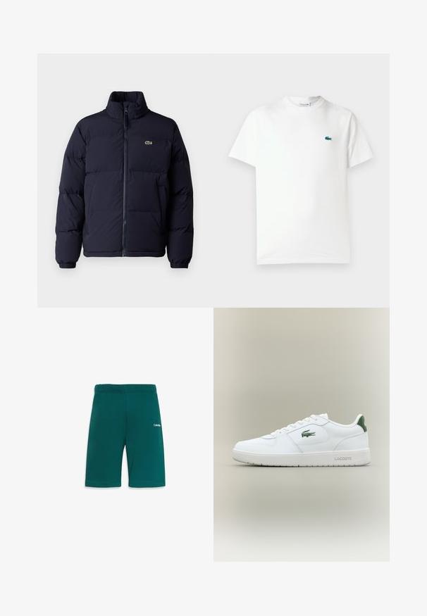 Tamsiai mėlynas pūkinis švarkas su aukštu kaklu, užtrauktuku ir elastingomis rankogaliais. Dominuoja mažas žalias logotipas kairiajame viršutiniame krūtinės kampelyje.; Balta medvilninė marškinėliai su apvalia iškirpte, trumpomis rankovėmis ir mažu žaliu siuvinėtu krokodilo logotipu kairėje krūtinės pusėje.; Mėlynoji sportinė šortai su elastinga juosmens juosta, su lygiu paviršiumi ir mažu baltu logotipu dešinėje pusėje.; Balti odiniai sportbačiai su lygiu paviršiumi, žaliais akcentais ant kulno ir žalia logotipu šone. Siūlo plokščią pado struktūrą ir apvalią nosį.