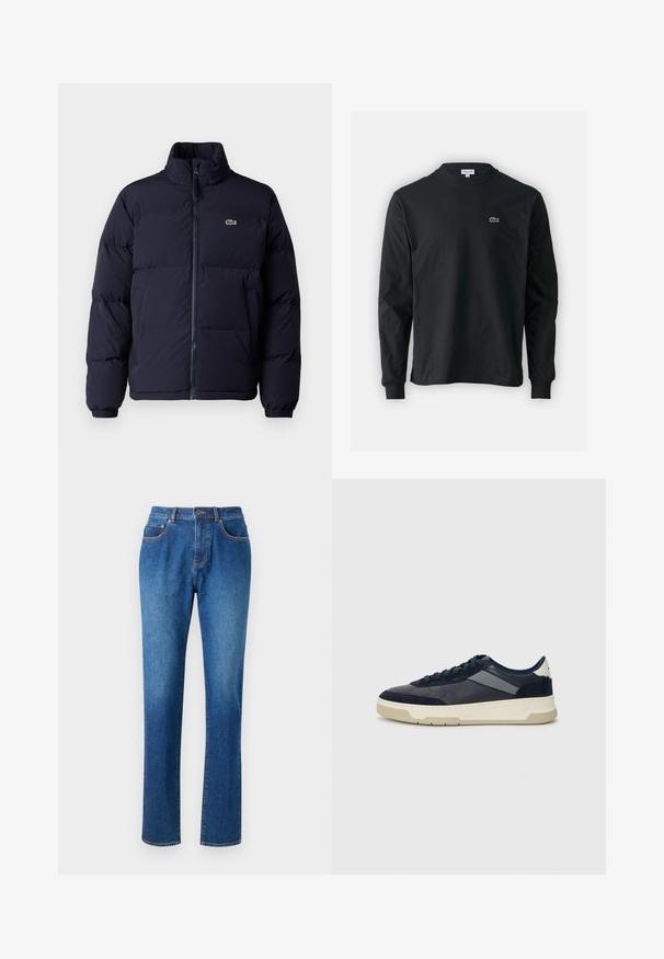 Abrigo puffer azul marino con cuello alto, cierre de cremallera y puños elásticos. Presenta un pequeño logo verde en la parte superior izquierda del pecho.; Camiseta de manga larga negra de algodón, con escote redondo y un pequeño logo de cocodrilo bordado en verde en el lado izquierdo del pecho.; Jeans de mezclilla azul con corte recto, cinco bolsillos, cinturilla con pasadores para cinturón y costuras contrastantes a lo largo de las costuras.; BOSS BALTIMORE - Zapatillas - open blue