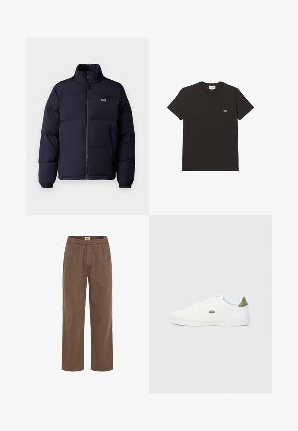 Navy blue puffer jacket with a high collar, zip closure, and elastic cuffs. Features a small green logo on the upper left chest.; Black cotton t-shirt with short sleeves and a crew neck. Features a small green Lacoste crocodile logo on the chest. Smooth texture.; Brown, loose-fitting pants made of soft cotton. Features an elastic waistband and straight leg design with no visible pockets.; White sneakers with a smooth texture, featuring a green accent at the heel and a small embroidered crocodile logo on the side.