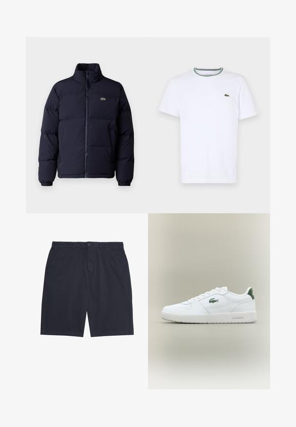 Mørkeblå puffjakke med høj krave, lynlås lukning og elastiske manchetter. Har et lille grønt logo på øverste venstre bryst.; Hvid bomulds T-shirt med korte ærmer og ribbet krave med grønne og sorte striber; lille grøn broderet logo på venstre bryst.; Marineblå herre-casual shorts med knaplukning, bæltestropper og sidelommer, lagt fladt på en hvid baggrund.; Hvide lædersneakers med en glat overflade, grønne accenter på hælen og et grønt logo på siden. Har en flad sål og rund tå.