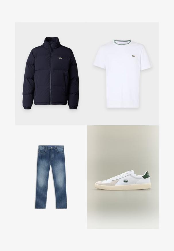 Námornícka modrá puffová bunda s vysokým golierom, zipsom a elastickými manžetami. Obsahuje malé zelené logo na hornej ľavej časti hrudi.; Biela bavlnená tričko s krátkym rukávom a rebrovaným golierom s zelenými a čiernymi pruhmi; malá zelená vyšitá logo na ľavej hrudi.; Džínsy s pruhovaným vzorom, stredne modrej farby, so vyblednutými časťami, rovný strih nohavíc, piatimi vreckami a kovovým gombíkom na zapínanie.; Biele tenisky s zelenými akcentmi, vyrobené z semišu a kože, s guľatou špičkou, textúrovanou podrážkou a vyšitým logom na boku a jazyku.