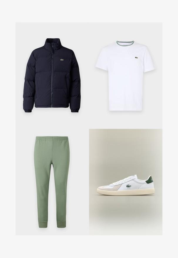 Navy blue puffer jacket with a high collar, zip closure, and elastic cuffs. Features a small green logo on the upper left chest.; White cotton short-sleeve T-shirt with a ribbed collar featuring green and black stripes; small green embroidered logo on left chest.; Light green jogger pants made of soft fabric, featuring an elastic waistband, tapered legs, and ribbed cuffs at the ankles.; White sneaker with green accents, suede and leather materials, rounded toe, textured outsole, and embroidered logo on side and tongue.