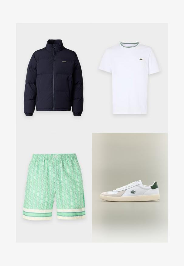 Marineblauer Daunenjacke mit hohem Kragen, Reißverschluss und elastischen Bündchen. Auf der oberen linken Brust befindet sich ein kleines grünes Logo.; Weißes Baumwoll-T-Shirt mit kurzen Ärmeln und geripptem Kragen, der grüne und schwarze Streifen hat; kleines grünes gesticktes Logo auf der linken Brust.; Grün gemusterte Badehose mit elastischem Bund und Knopfverschluss. Verfügt über ein geometrisches Design und einen gestreiften Saum mit hellen Akzenten.; Weiße Sneakers mit grünen Akzenten, aus Wildleder und Leder, runde Zehenpartie, strukturiertes Profil und gesticktes Logo an der Seite und auf der Zunge.