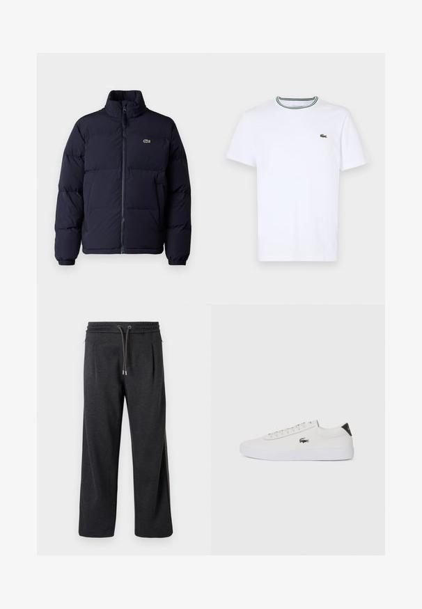 Jachetă puf navy blue cu guler înalt, închidere cu fermoar și manșete elastice. Prezintă un mic logo verde pe partea stângă a pieptului.; Tricou alb din bumbac cu mânecă scurtă, cu guler ribbed, având dungi verzi și negre; mic logo brodat verde pe partea stângă a pieptului.; Pantaloni joggers gri închis, cu o textură moale, talie elastică, închidere cu șnur și cusături laterale cu accente contrastante. Design cu picioare largi.; Tenis din piele albă cu vârf rotund, sistem de prindere cu șireturi în față și accent negru la călcâi. Are un mic logo brodat cu crocodil pe lateral.