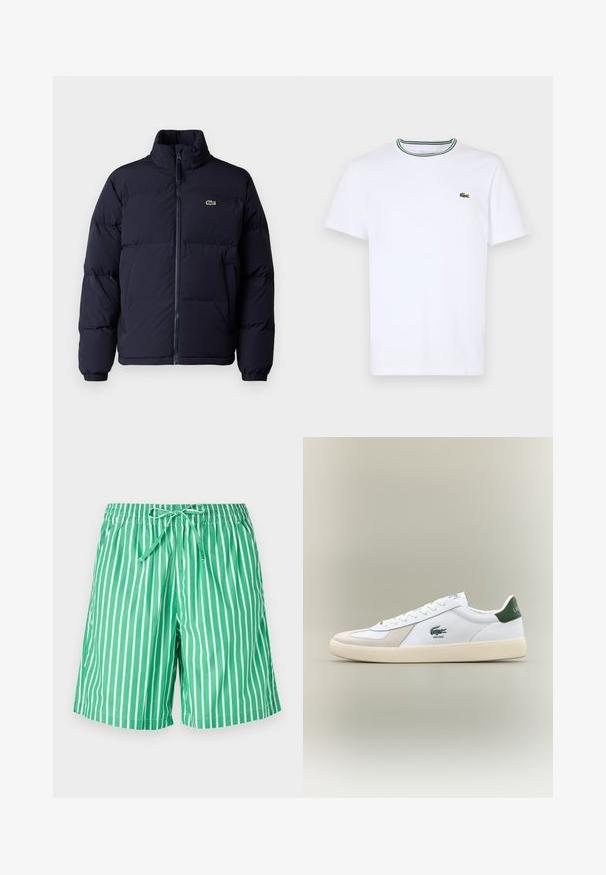Navyblauwe pufferjack met een hoge kraag, ritssluiting en elastische manchetten. Heeft een klein groen logo op de linker bovenborst.; Witte katoen T-shirt met korte mouwen en een geribde kraag met groene en zwarte strepen; klein groen geborduurd logo op de linkerborst.; Groen en witte gestreepte zwembroek met een elastische waistband en trekkoord. De stof lijkt lichtgewicht met een zachte textuur.; Witte sneaker met groene accenten, gemaakt van suede en leer, met een ronde neus, een textuur outsole en een geborduurd logo op de zijkant en op de tong.