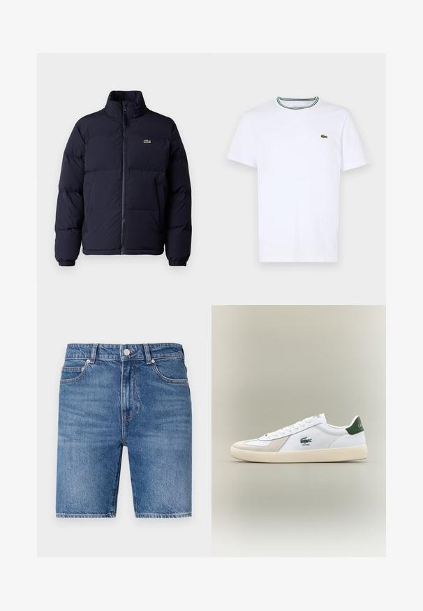 Doudoune bleu marine avec col haut, fermeture éclair et poignets élastiques. Présente un petit logo vert sur le haut du côté gauche de la poitrine.; T-shirt en coton blanc à manches courtes avec un col côtelé présentant des rayures vertes et noires ; petit logo vert brodé sur la poitrine gauche.; Shorts en denim avec un délavage bleu moyen, coupe droite, design à cinq poches et fermeture par bouton supérieur. Présente des coutures contrastées.; Baskets blanches avec accents verts, en matériaux en daim et en cuir, à bout rond, semelle texturée et logo brodé sur le côté et la languette.