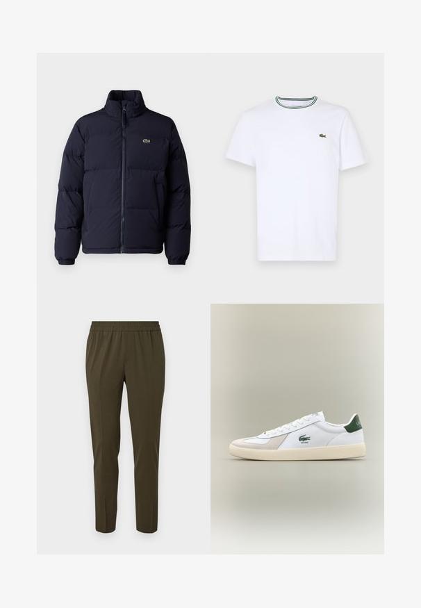 Tamsiai mėlynas pūkinis švarkas su aukštu kaklu, užtrauktuku ir elastingomis rankogaliais. Dominuoja mažas žalias logotipas kairiajame viršutiniame krūtinės kampelyje.; Balta medvilninė trumpo rankovės marškinėliai su įsiūtu apykakle, dekoruota žaliais ir juodais dryžiais; mažas žalias siuvinėtas logotipas kairėje krūtinės pusėje.; Samsøe Samsøe SMITHY - Kelnės - forest night; Baltos sportbačiai su žaliais akcentais, pagaminti iš zomšos ir odos, su apvaliu nose, tekstūruotu padu ir siuvinėtu logotipu šone bei ant liežuvio.