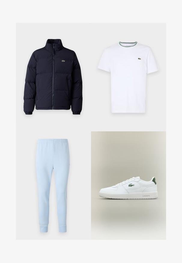 Temno modra puffer jakna z visokim ovratnikom, zadrgo in elastičnimi manšetami. Ima majhen zelen logotip na zgornjem levem prsnem delu.; Bela bombažna majica s kratkimi rokavi z ribastim ovratnikom, ki ima zelene in črne črte; majhen zeleni vezen logotip na levem prsnem delu.; Svetlo modri trenirki iz mehkega materiala, z elastičnim pasom in zoženimi manšetami. Brez vidnih vzorcev ali kovinskih dodatkov.; Bela usnjena tenisačka obutev s gladko površino, z zelenimi poudarki na peti in zelenim logotipom ob strani. Ima ravno podplat in okroglo konico.