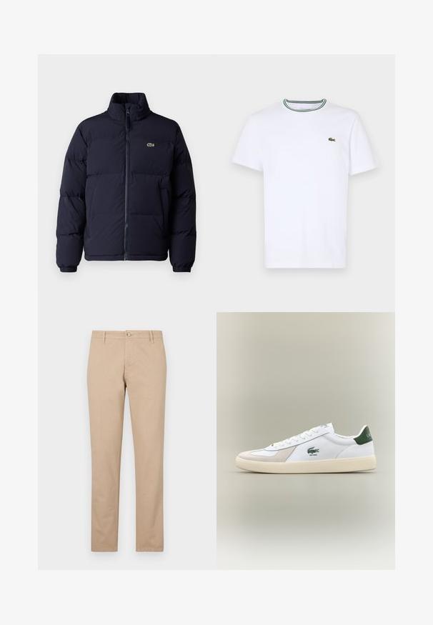 Tums zila pūkaini jaka ar augstu apkakli, ar rāvējslēdzēju un elastīgām piedurknēm. Pieder neliela zaļa logo augšējā kreisajā krūtīs.; Balta kokvilnas T-kreklā ar īsām piedurknēm un ribotu apkakli, kas rotāta ar zaļām un melnām svītrām; neliels zaļš izšūts logo kreisajā krūtī.; Bežīgas bikses, kas izgatavotas no kokvilnas ar taisna griezuma kājām, ar priekšējo pogu aizvēršanu, sānu kabatām un diskrētām tekstūras detaļām.; Baltie sporta apavi ar zaļiem akcentiem, izgatavoti no zamša un ādas, ar noapaļotu purngalu, teksturētu zoli un izšūtu logotipu sānos un uz mēles.