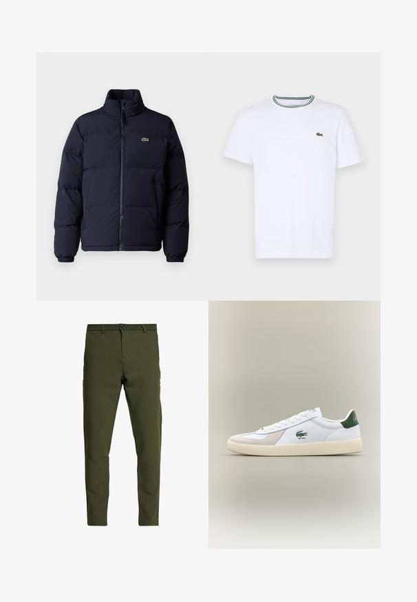 Giacca piumino blu navy con collo alto, chiusura con zip e polsini elasticizzati. Presenta un piccolo logo verde sul lato sinistro del petto.; T-shirt bianco a maniche corte in cotone con colletto a coste, caratterizzato da strisce verdi e nere; piccolo logo ricamato verde sul petto sinistro.; Pantaloni verde oliva a taglio slim, realizzati in un tessuto liscio e resistente. Presentano chiusura con zip, bottone e tasche standard.; Sneaker bianca con accenti verdi, materiali in suede e pelle, punta arrotondata, suola testurizzata e logo ricamato sui lati e sulla linguetta.