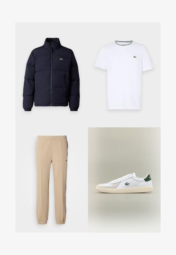 Jachetă puf navy blue cu guler înalt, închidere cu fermoar și manșete elastice. Prezintă un mic logo verde pe partea stângă a pieptului.; Tricou alb din bumbac cu mânecă scurtă, cu guler ribbed, având dungi verzi și negre; mic logo brodat verde pe partea stângă a pieptului.; Lacoste Pantaloni de trening - viennese; Adidași albi cu accente verzi, din suede și piele, cu vârf rotunjit, talpă texturată și logo brodat pe lateral și pe limbă.