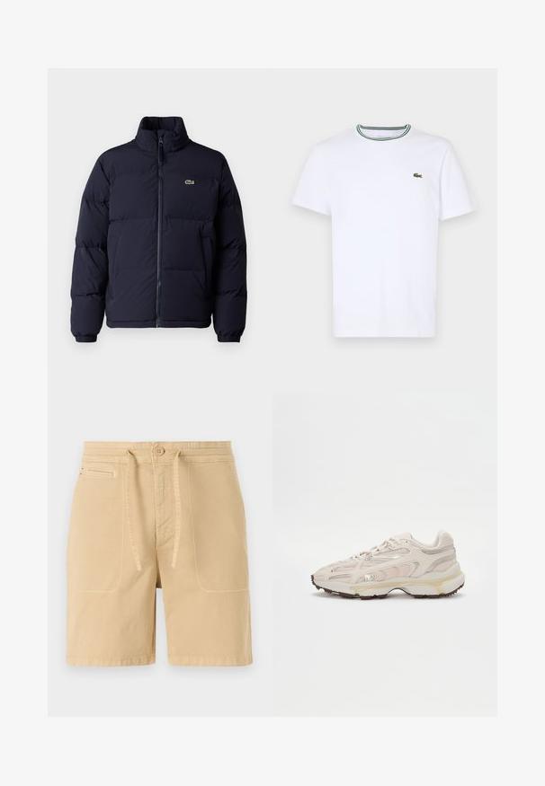 Doudoune bleu marine avec col haut, fermeture éclair et poignets élastiques. Présente un petit logo vert sur le haut du côté gauche de la poitrine.; T-shirt en coton blanc à manches courtes avec un col côtelé présentant des rayures vertes et noires ; petit logo vert brodé sur la poitrine gauche.; Shorts beiges en coton, avec une taille à cordon, des poches avant et des coutures visibles. Design simple et décontracté.; Chaussure de sport beige clair avec tige en maille, accents texturés et détails dorés. Dispose d'une semelle intermédiaire blanche épaisse et d'une semelle extérieure en caoutchouc.