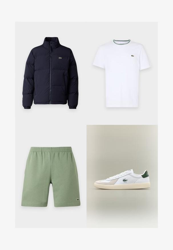 Mörkblå puffjacka med hög krage, dragkedjestängning och elastiska ärmmuddar. Har en liten grön logotyp på övre vänstra bröstet.; Vit bomullskortärmad T-shirt med ribbad krage som har gröna och svarta ränder; liten grön broderad logotyp på vänster bröst.; Gröna bomullsshorts med elastisk midja, avslappnad passform och en liten broderad logotyp på nedre vänstra sidan. Slät textur, inga fickor.; Vit sneaker med gröna Accenter, material av mocka och läder, rundad tå, texturerad sula och broderad logotyp på sidan och plösen.