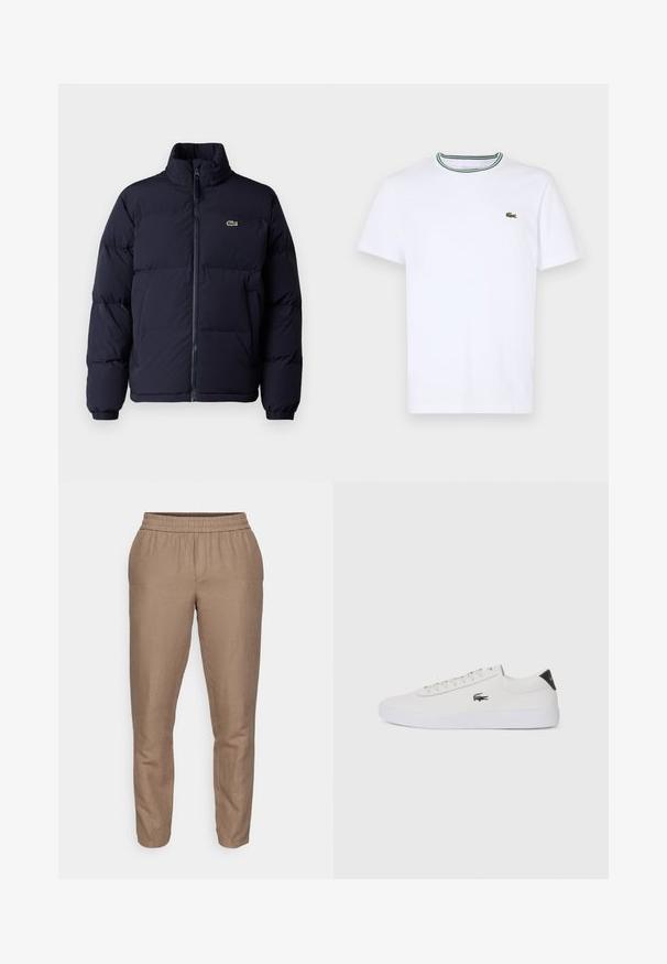 Navy blue puffer jacket with a high collar, zip closure, and elastic cuffs. Features a small green logo on the upper left chest.; White cotton short-sleeve T-shirt with a ribbed collar featuring green and black stripes; small green embroidered logo on left chest.; Brown, lightweight linen pants with an elastic waistband, tapered leg design, and a smooth texture. No visible pockets or embellishments.; White leather sneaker with round toe, lace-up front, and black heel accent. Features a small embroidered crocodile logo on the side.