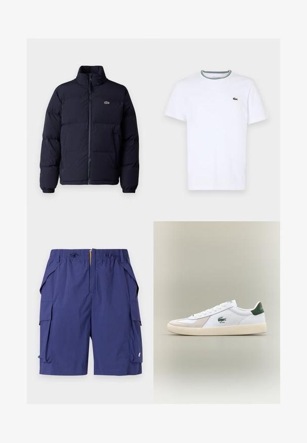 Giacca piumino blu navy con collo alto, chiusura con zip e polsini elasticizzati. Presenta un piccolo logo verde sul lato sinistro del petto.; T-shirt bianco a maniche corte in cotone con colletto a coste, caratterizzato da strisce verdi e nere; piccolo logo ricamato verde sul petto sinistro.; Pantaloni cargo blu navy realizzati in tessuto leggero, con vita elasticizzata, molteplici tasche laterali e una finitura liscia e texture.; Sneaker bianca con accenti verdi, materiali in suede e pelle, punta arrotondata, suola testurizzata e logo ricamato sui lati e sulla linguetta.