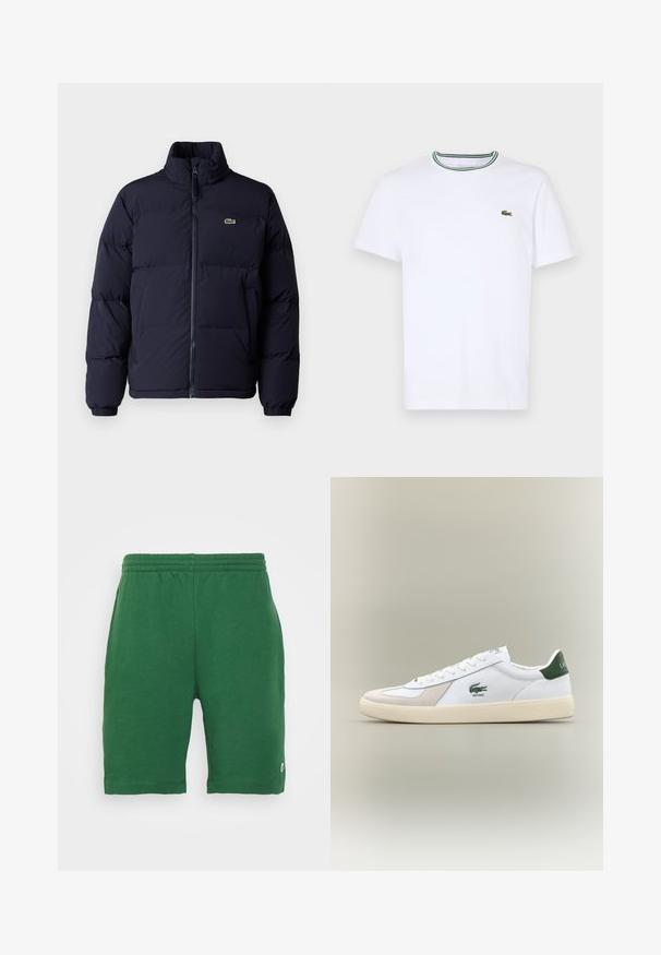 Tamnoplavi zimski kaput sa visokim ovratnikom, zatvaranjem na zip i elastičnim manžetama. Ima mali zeleni logo na gornjem lijevom dijelu prsiju.; Bijela pamučna majica kratkih rukava s rebrastim ovratnikom koja ima zelene i crne pruge; mali zeleni izvezeni logo na lijevoj strani prsnog koša.; Zeleni kratki hlače s elastičnim pojasom i bočnim džepovima, s malim logotipom na lijevoj nozi. Glatka tekstura, do koljena.; Bijela tenisica s zelenim naglascima, od suede i kožnih materijala, zaobljenog prsta, teksturirane potplate, te izvezenim logotipom sa strane i na jeziku.