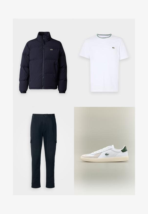 Temno modra puffer jakna z visokim ovratnikom, zadrgo in elastičnimi manšetami. Ima majhen zelen logotip na zgornjem levem prsnem delu.; Bela bombažna majica s kratkimi rokavi z ribastim ovratnikom, ki ima zelene in črne črte; majhen zeleni vezen logotip na levem prsnem delu.; Črne cargo hlače s ravnim krojem, ki imajo stranske žepke, gumbasto zapiranje in subtilen pinstripe vzorec za teksturo.; Bela tenisa z zelenimi dodatki, iz semiša in usnja, okrogla konica, teksturiran podplat ter izšit logotip na strani in jeziku.