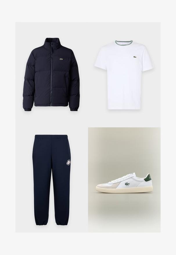 Tums zila pūkaini jaka ar augstu apkakli, ar rāvējslēdzēju un elastīgām piedurknēm. Pieder neliela zaļa logo augšējā kreisajā krūtīs.; Balta kokvilnas T-kreklā ar īsām piedurknēm un ribotu apkakli, kas rotāta ar zaļām un melnām svītrām; neliels zaļš izšūts logo kreisajā krūtī.; Tums zila krāsa sporta bikses, izgatavotas no mīksta kokvilnas materiāla, ar elastīgām aprocēm un jostu. Kreisajā kājā ir balts Lacoste Paris logo.; Baltie sporta apavi ar zaļiem akcentiem, izgatavoti no zamša un ādas, ar noapaļotu purngalu, teksturētu zoli un izšūtu logotipu sānos un uz mēles.