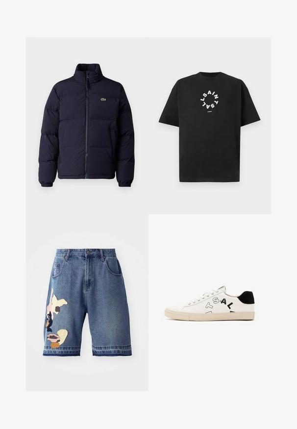 Tums zila pūkaini jaka ar augstu apkakli, ar rāvējslēdzēju un elastīgām piedurknēm. Pieder neliela zaļa logo augšējā kreisajā krūtīs.; Melns kokvilnas T-krekls ar īsām piedurknēm. Iekļauts balts teksts, kas sakārtots aplī, ar uzrakstu "SAINT LAURENT LONDON."; Denim šorti ar zilu mazgājumu, taisnas griezuma, ar daudzkrāsainām auduma aplikācijām un vienu priekšējo kabatu.; Baltas ādas sporta apavi ar melniem akcentiem pie papēža, ar izteiktu melnu uzrakstu sānos un gumijas zoli. Minimālistisks dizains.