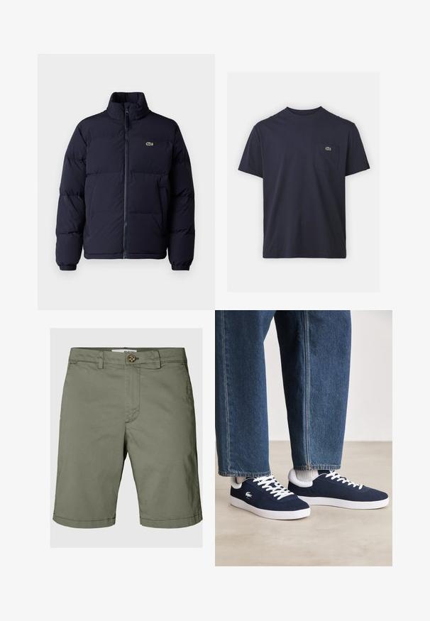 Ναυτικό μπλε μπουφάν με επένδυση, ψηλό γιακά, κλείσιμο με φερμουάρ και ελαστικούς μανσέτες. Διαθέτει μικρό πράσινο λογότυπο στην επάνω αριστερή πλευρά του στήθους.; Ναυτικό μπλε βαμβακερό t-shirt με στρογγυλή λαιμόκοψη και κοντά μανίκια. Διαθέτει ένα μικρό πράσινο λογότυπο στη αριστερή τσέπη του στήθους. Μαλακή υφή.; Λαδί σορτσάκια από βαμβάκι, με κούμπωμα κουμπιού, θηλάκια ζώνης και ίσια γραμμή με λεπτομέρειες σε διπλωμένα χείλη.; Μπλε καμβάδες αθλητικά παπούτσια με λευκές κοφτές και καουτσούκ σόλες, προσαρμοσμένα με τζιν παντελόνι και γκρι ριγέ κάλτσες, σε ανοιχτό γκρι επιφάνεια.