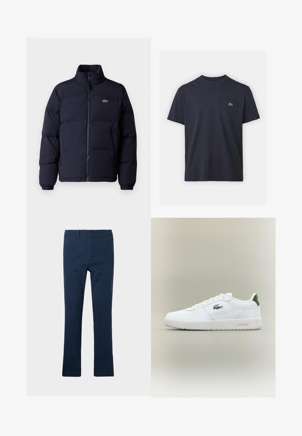 Sötétkék steppelt kabát magas gallérral, cipzáros záródással és elasztikus mandzsettákkal. A bal felső mellrészen egy kis zöld logó található.; Sötétkék pamut póló kerek nyakkivágással és rövid ujjakkal. A bal mellen található egy kis zöld logó. Puha tapintású.; Tengerészkék pamut nadrág egyenes szárú fazonban, elülső zsebekkel, cipzáras kis résszel és egy gombos zárással.; Fehér bőr sneaker sima felülettel, zöld akcentussal a saroknál, és zöld logóval az oldalon. Lapos talpa és kerek orra van.