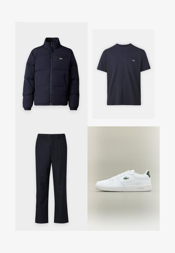 Tamnoplavi zimski kaput sa visokim ovratnikom, zatvaranjem na zip i elastičnim manžetama. Ima mali zeleni logo na gornjem lijevom dijelu prsiju.; Tamno plava pamučna majica s okruglim izrezom i kratkim rukavima. Sadrži mali zeleni logo na lijevoj strani uz džep. Meka tekstura.; Tamno plave hlače s ravnim prednjim dijelom, elastičnim pojasom i jednim kopčanjem na gumbe. Izrađene su od glatkog materijala s ravnim krojem.; Bijele kožne tenisice s glatkom površinom, zelenim naglascima na peti i zelenim logotipom sa strane. Imaju ravni potplat i okrugli vrh.