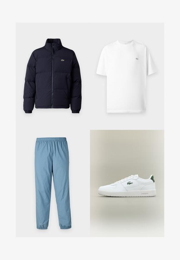 Navyblauwe pufferjack met een hoge kraag, ritssluiting en elastische manchetten. Heeft een klein groen logo op de linker bovenborst.; Witte katoenen t-shirt met een ronde hals en korte mouwen. Bevat een klein zwart Lacoste-logo aan de linkerkant van de borst.; Blauwe, lichte broek met een elastische tailleband, taps toelopende pijpen en elastische zijkanten; heeft een klein logo aan de zijkant. Glad, waterbestendig materiaal.; Witte leren sneaker met een gladde afwerking, groene accenten op de hak en een groen logo aan de zijkant. Beschikt over een platte zool en een ronde neus.