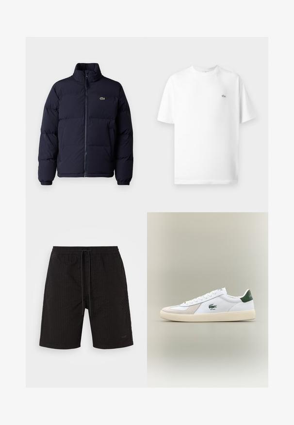 Abrigo puffer azul marino con cuello alto, cierre de cremallera y puños elásticos. Presenta un pequeño logo verde en la parte superior izquierda del pecho.; Camiseta de algodón blanca con cuello redondo y mangas cortas. Presenta un pequeño logo negro de Lacoste en el lado izquierdo del pecho.; Bañador negro con un patrón texturizado y acanalado. Cintura elástica con cordón. Marca sutil en la parte inferior frontal. Sin bolsillos.; Zapatilla blanca con acentos verdes, materiales de ante y cuero, punta redondeada, suela texturizada y logotipo bordado en el lateral y en la lengüeta.