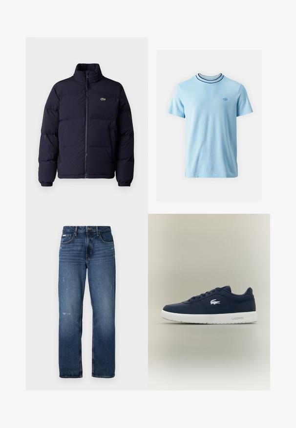 Tumedat sinine puffjaket kõrge krae, lukuga kinnine ja elastsete mansettidega. Üksikasjades on väike roheline logo vasakul rinnal.; Lacoste Lihtne T-särk - overview; Sinine denimist valmistatud sirge jala disainiga teksad. Esiosal on pleekinud alad ja kerge kulumine, klassikaline nupplukuga.; Tumed sinine toss, mis on valmistatud sujuvast sünteetilisest materjalist, valge kummitald, nöörimisega disain ja Lacoste krokodillilogoga külgedel.