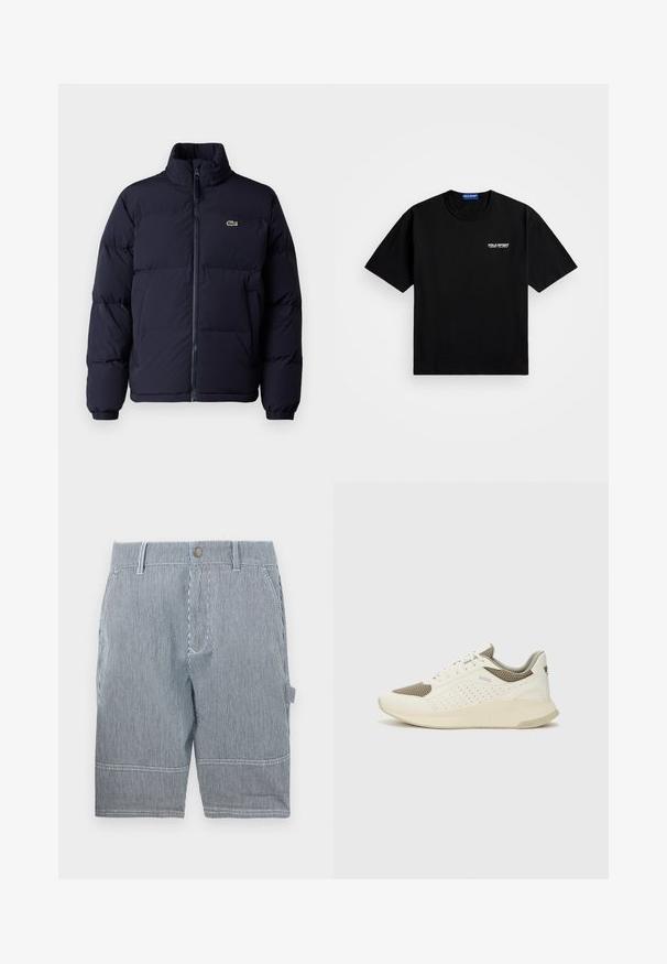 Sötétkék steppelt kabát magas gallérral, cipzáros záródással és elasztikus mandzsettákkal. A bal felső mellrészen egy kis zöld logó található.; Fekete pamut póló kerek nyakkivágással és rövid ujjakkal. Bal mellen fehér "POLO SPORT" logóval rendelkezik. Normál fazon.; Csíkos sort tengerészkék és fehér színben, övlyukkal, gombos záródással, két oldalsó zsebbel és egyenes szabással, amely éppen térd fölött végződik.; Fehér és világos bézs sportcipő, légies hálós felsőrésszel, perforált részletekkel és texturált középtalppal, amelyen a saroknál a márka logója található.