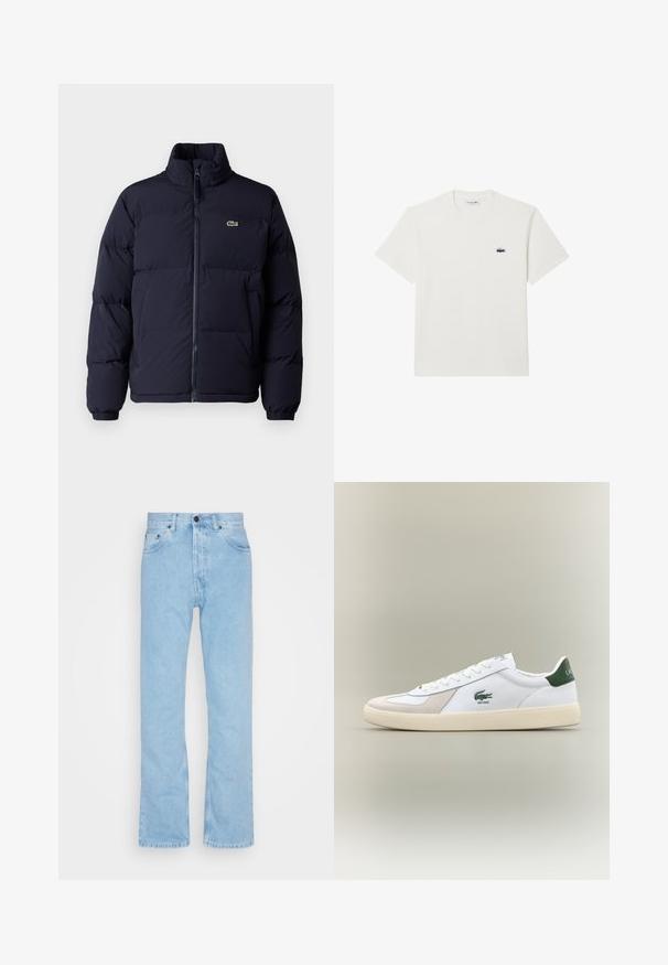 Giacca piumino blu navy con collo alto, chiusura con zip e polsini elasticizzati. Presenta un piccolo logo verde sul lato sinistro del petto.; T-shirt bianco in cotone con maniche corte e scollatura a girocollo. Presenta un piccolo logo ricamato di Lacoste sul lato sinistro del petto.; Jeans in denim azzurro chiaro con gamba dritta, vita alta e design a cinque tasche. Presentano una chiusura con bottone e una leggera sfumatura sul tessuto.; Sneaker bianca con accenti verdi, materiali in suede e pelle, punta arrotondata, suola testurizzata e logo ricamato sui lati e sulla linguetta.