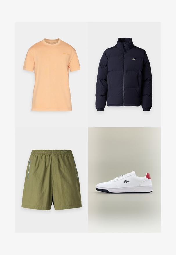 Mørkeblå puffjakke med høj krave, lynlås lukning og elastiske manchetter. Har et lille grønt logo på øverste venstre bryst.; Kortærmet t-shirt i lys ferskenfarvet bomuld, med rund hals og subtil logo-print på brystet, med en blød og glat tekstur.; Olivengrønne shorts med en elastisk talje, sidelommer med lynlås og et let, struktureret stof.; Hvide syntetiske sneakers med lav profil, snørebåndsdesign og en marineblå gummisål. Har et rødt accent ved hælen og broderet logo.