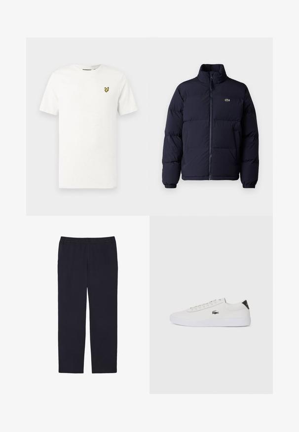 Sötétkék steppelt kabát magas gallérral, cipzáros záródással és elasztikus mandzsettákkal. A bal felső mellrészen egy kis zöld logó található.; Fehér pamut rövid ujjú póló, bal mellrészen sárga hímzett madár logóval. Egyszerű, kerek nyakkivágású fazon.; Lacoste Nadrágok - bleu marine hde; Fehér bőr sportcipő kerek orral, fűzős elülső résszel és fekete sarok akcentussal. Oldalán egy kis hímzett krokodil logóval rendelkezik.