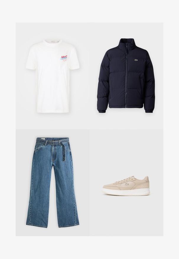 Abrigo puffer azul marino con cuello alto, cierre de cremallera y puños elásticos. Presenta un pequeño logo verde en la parte superior izquierda del pecho.; Camiseta de algodón blanca con mangas cortas, cuello redondo y un colorido logo "GANT" con acentos en azul y rojo en el pecho.; Pantalones vaqueros de mezclilla azul de pierna ancha con cinturón adjunto, bolsillos frontales y costuras visibles sobre un fondo claro y liso.; Zapatillas de cuero beige con textura suave, suela de goma blanca, parte delantera con cordones y logo de Lacoste en el costado. Diseño minimalista y silueta baja.