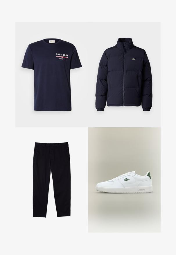 Abrigo puffer azul marino con cuello alto, cierre de cremallera y puños elásticos. Presenta un pequeño logo verde en la parte superior izquierda del pecho.; Camiseta de algodón azul marino con un logo blanco de "GANT 1949" y detalles rojos, cuello redondo, mangas cortas, textura suave, corte básico.; Pantalones negros de algodón con diseño de pierna recta, que cuentan con cierre de botón, bolsillos laterales y una textura suave.; Zapatilla de cuero blanca con un acabado suave, acentos verdes en el talón y un logotipo verde en el lateral. Presenta una suela plana y una puntera redonda.
