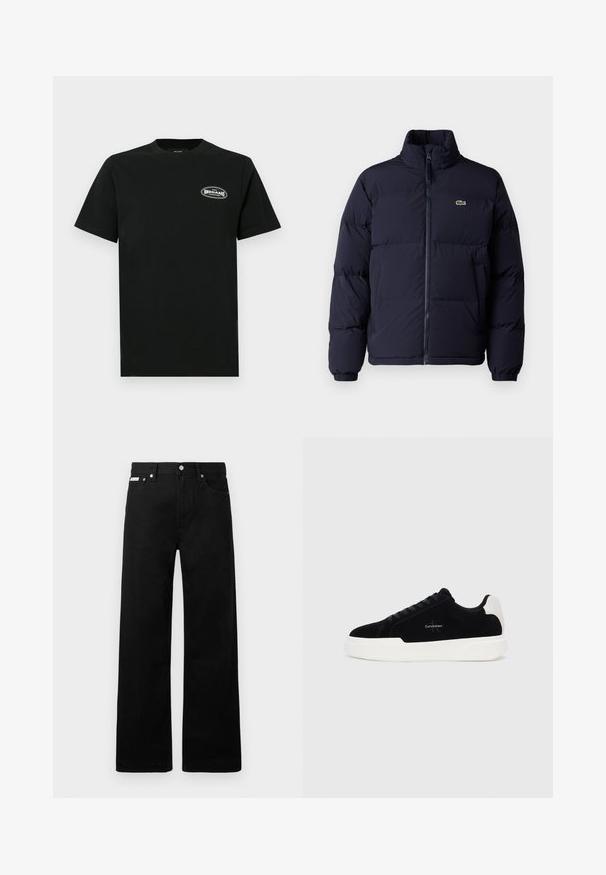 Navyblauwe pufferjack met een hoge kraag, ritssluiting en elastische manchetten. Heeft een klein groen logo op de linker bovenborst.; Zwarte katoenen t-shirt met korte mouwen, ronde halslijn en een klein graphic logo op de linkerborst in wit en grijs.; Zwarte spijkerbroek met een wijd uitlopende pasvorm, voorzien van vijf zakken en metallic knopen. Gladde textuur, geen zichtbare patronen.; Zwarte lage sneaker met witte zool en hielstrip, vetersluiting aan de voorkant en Calvin Klein-logo op de zijkant.
