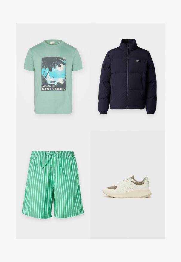 Abrigo puffer azul marino con cuello alto, cierre de cremallera y puños elásticos. Presenta un pequeño logo verde en la parte superior izquierda del pecho.; Camiseta de algodón verde menta con un estampado gráfico de palmeras, una luna y veleros, etiquetada "St Lucia GANT Sailing."; Bañador a rayas verdes y blancas con cintura elástica y cordón. El tejido parece ligero y tiene una textura suave.; Zapatilla deportiva en blanco y beige claro, con parte superior de malla, detalles perforados y una mediasuela texturizada con la marca en el talón.