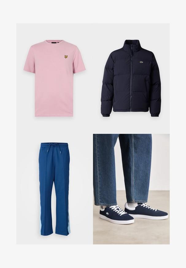 Navy blue puffer jacket with a high collar, zip closure, and elastic cuffs. Features a small green logo on the upper left chest.; Pink short-sleeve t-shirt made from soft fabric, featuring a small yellow butterfly logo stitched on the left chest.; Navy blue athletic pants made of soft fabric, featuring a drawstring waistband and light blue side panels with a subtle pattern.; Blue canvas sneakers with white laces and rubber soles, displayed with denim trousers and grey ribbed socks, on a light grey surface.