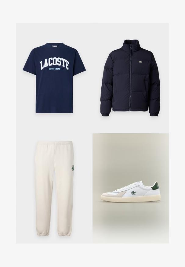 Tums zila pūkaini jaka ar augstu apkakli, ar rāvējslēdzēju un elastīgām piedurknēm. Pieder neliela zaļa logo augšējā kreisajā krūtīs.; Tumši zils kokvilnas T-krekls ar apaļu dekoltē un īsām piedurknēm. Uzraksts "LACOSTE" baltā krāsā un vārds "SPORTSWEAR" gaismas zilā krāsā zem tā.; Gaiši bēši kokvilnas sporta bikses ar elastīgu jostu, ribotām apakšmalām un zaļu logotipu ar lapu dizainu kreisajā kājā.; Baltie sporta apavi ar zaļiem akcentiem, izgatavoti no zamša un ādas, ar noapaļotu purngalu, teksturētu zoli un izšūtu logotipu sānos un uz mēles.