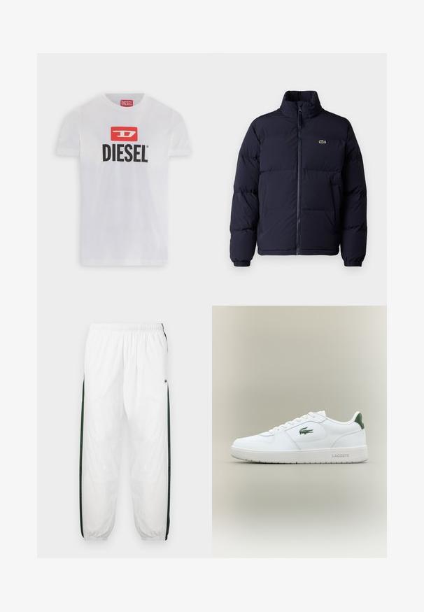 Tamsiai mėlynas pūkinis švarkas su aukštu kaklu, užtrauktuku ir elastingomis rankogaliais. Dominuoja mažas žalias logotipas kairiajame viršutiniame krūtinės kampelyje.; Baltas medvilninis marškinėlis su ryškiu juodu "DIESEL" logotipu, esantį po raudonu stačiakampiu fonu su stilizuota raide "D."; Baltos treniruočių kelnės su tamsiai žaliais šonų juostelėmis. Lengva medžiaga, elastinga juosmens juosta ir apASPIRUOTI rankogaliai. Šonų juostelėse yra tinklelio tekstūra.; Balti odiniai sportbačiai su lygiu paviršiumi, žaliais akcentais ant kulno ir žalia logotipu šone. Siūlo plokščią pado struktūrą ir apvalią nosį.