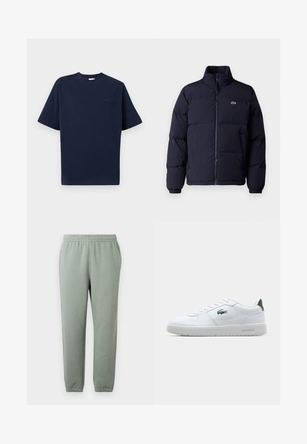 Tamnoplavi zimski kaput sa visokim ovratnikom, zatvaranjem na zip i elastičnim manžetama. Ima mali zeleni logo na gornjem lijevom dijelu prsiju.; Tamno plava pamučna majica s kratkim rukavima, okruglim izrezom i malim crnim logotipom na lijevoj strani prsiju. Mekana tekstura, ravni kroj.; Svijetlozelene trenirke s elastičnim pojasom, suženim nogavicama i manžetama na gležnjevima. Izrađene od mekog, laganog materijala.; Bijela kožna tenisica s gumenim potplatom, zelenim detaljem na peti i malim zelenim logotipom. Ima teksturirane bočne panele i okrugle vezice.